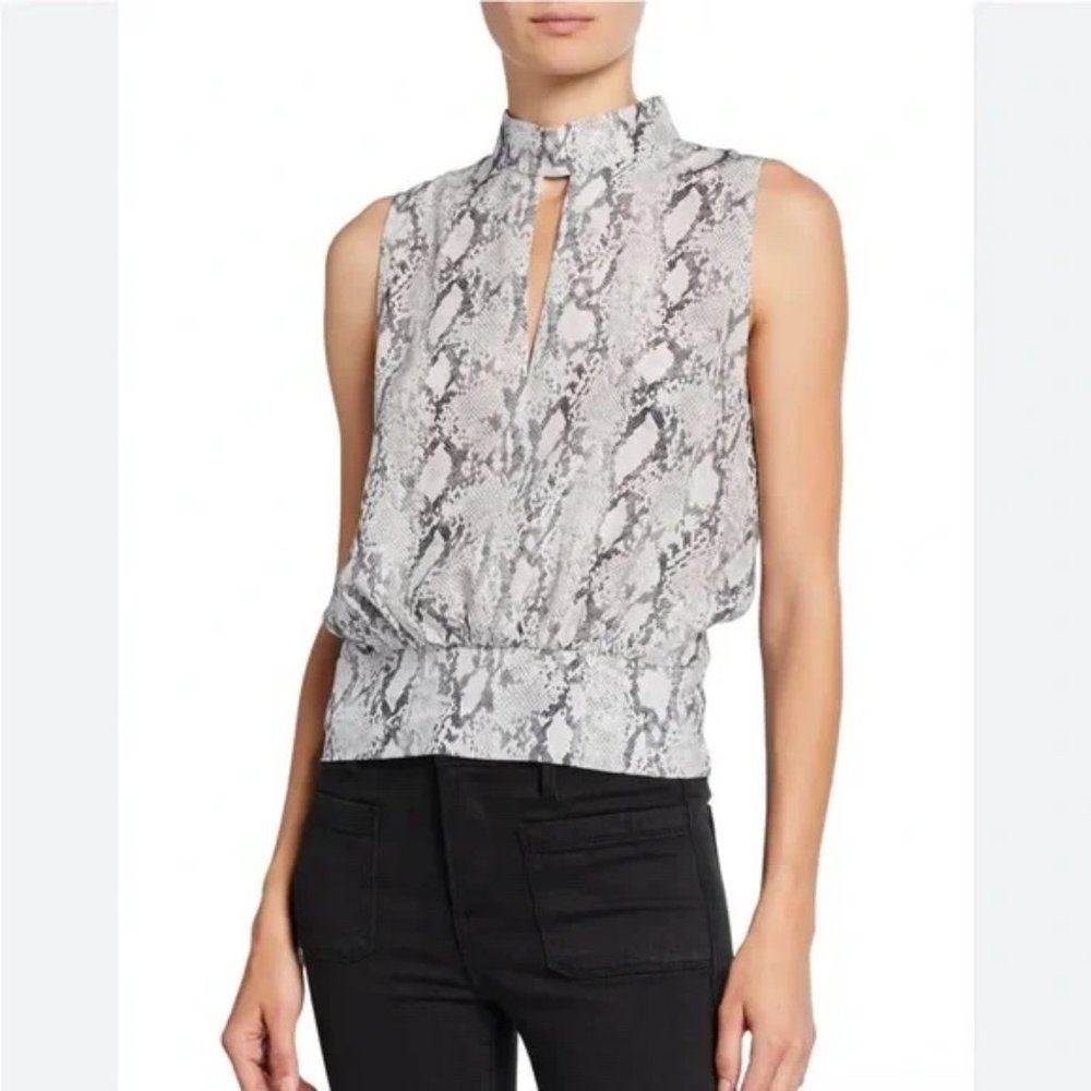 FRAME sleeveless snake print blouse, grey and white silk